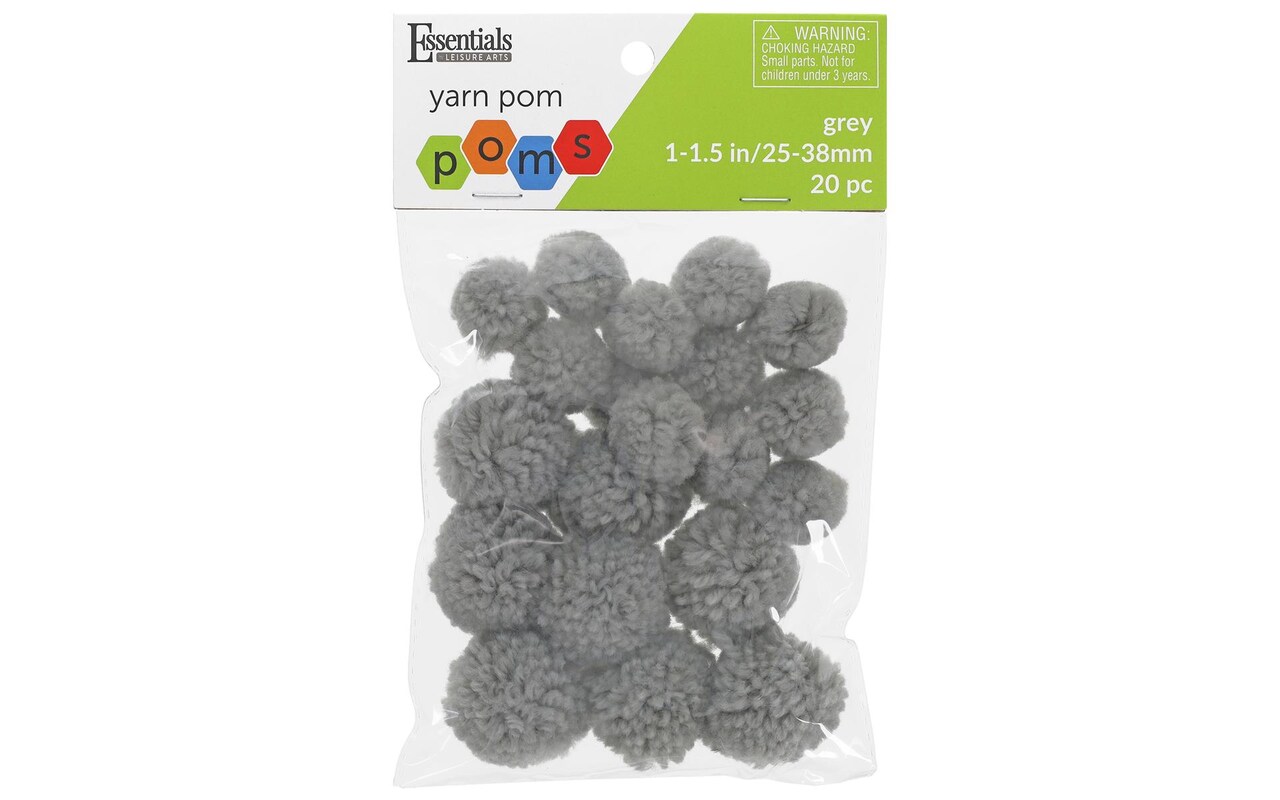Essentials by Leisure Arts Yarn Pom Poms - Grey - 1" to 1.5" - 20 piece pom poms arts and crafts - gray pompoms for crafts - craft pom poms - puff balls for crafts